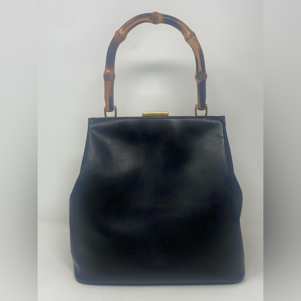 GUCCI Bamboo Clasp Top Hand Bag Leather Black Vintage - Picture 2 of 16